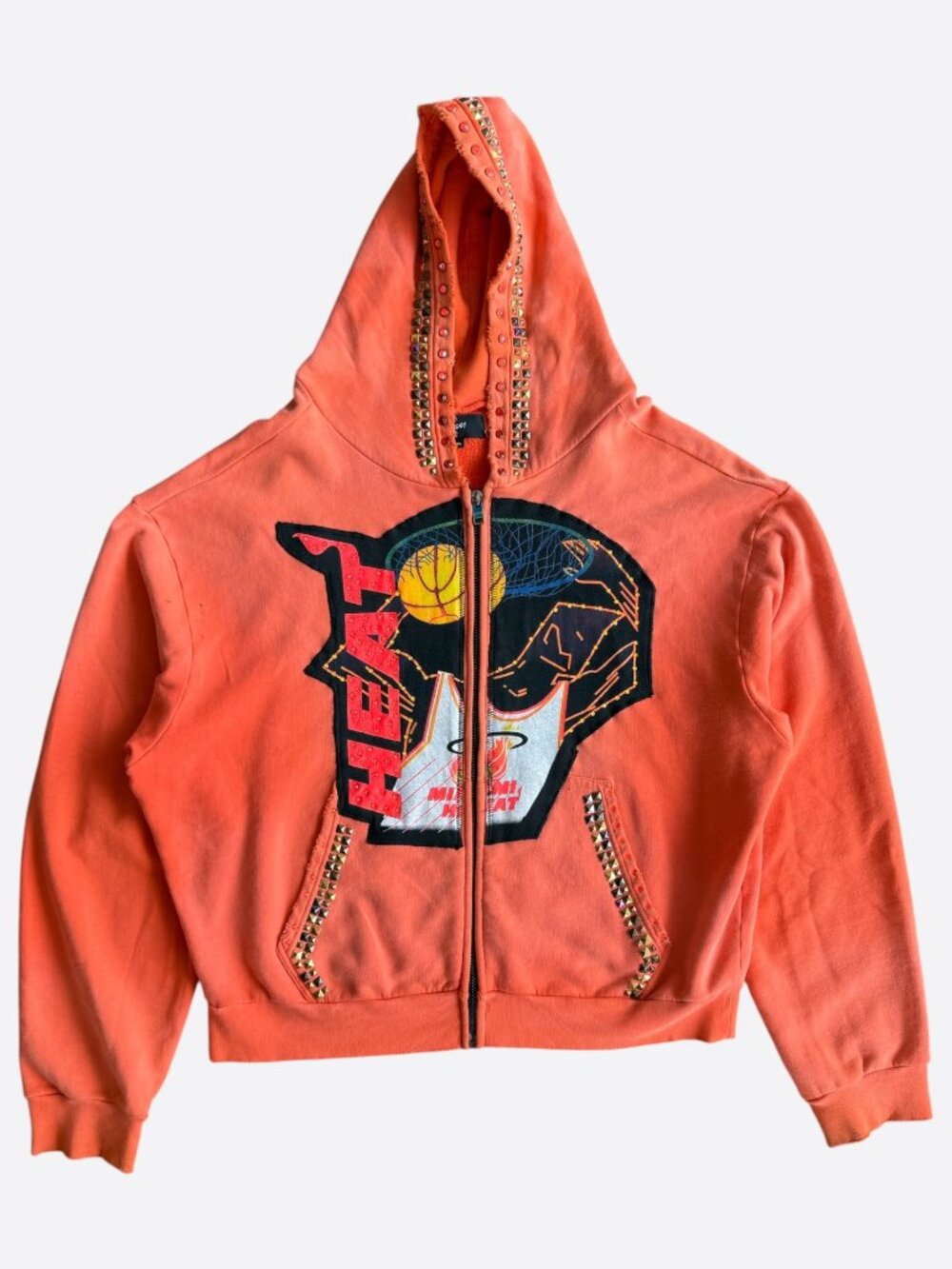 Bossi Orange Rhinestone Miami Heat Graphic Zip Up Hoodie